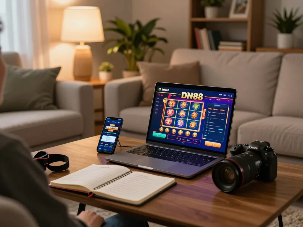 Play DN88 online casino from the comfort of home with a vibrant interface on a laptop.