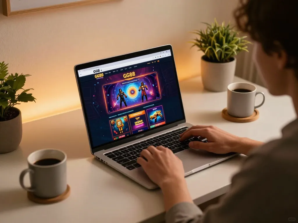 Engaging in online gaming at GG88GS, showcasing a vibrant casino experience on a laptop.