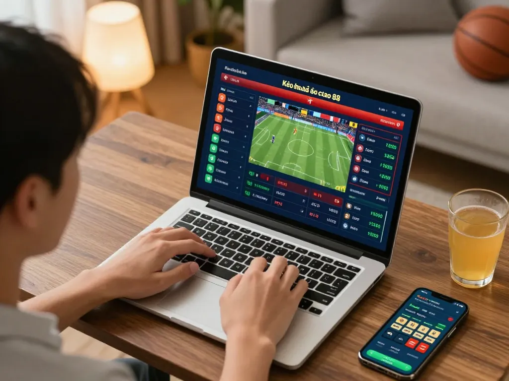 Engaged player monitoring Kèo nhà cái 88 live betting odds on laptop at home, showcasing an exciting sports betting scene.