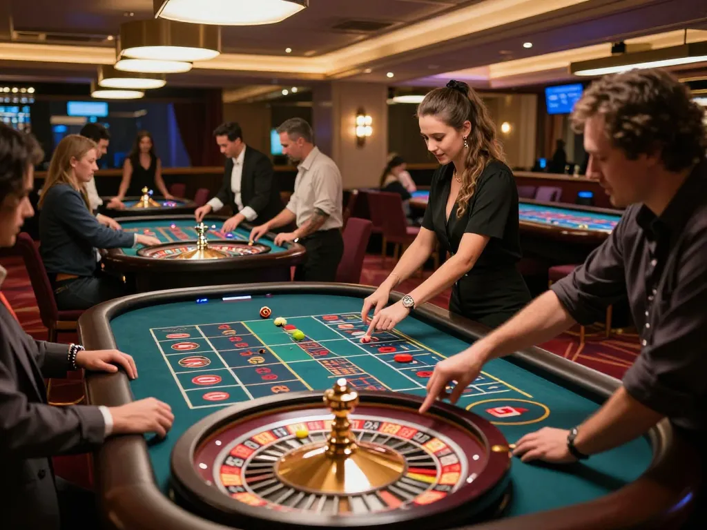 Players enjoying roulette at nhà cái kp88, celebrating wins in an upscale casino atmosphere.