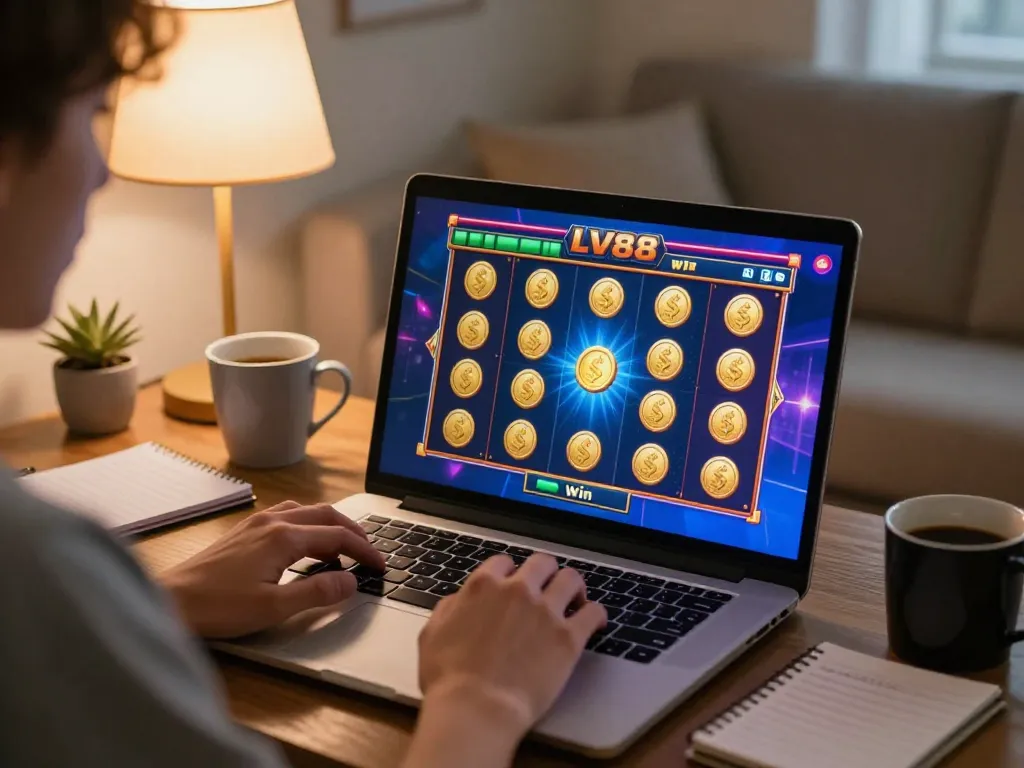 Engaging moment of a player immersed in LV88 slot game on a laptop, showcasing excitement in a cozy home.