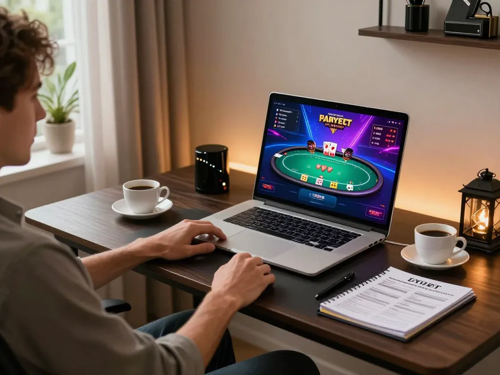 Experience max88 gaming thrills at home, featuring poker on a laptop in a cozy setup