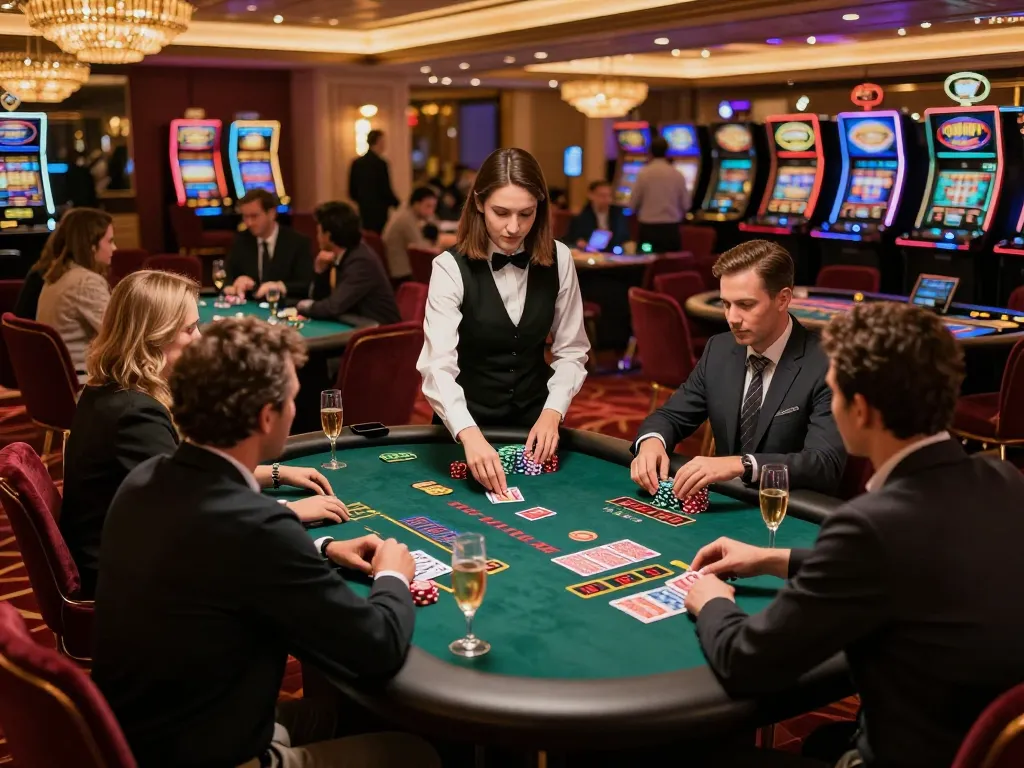 Players engaging in intense blackjack gameplay at qq8827 casino table, warm lighting and elegant decor.