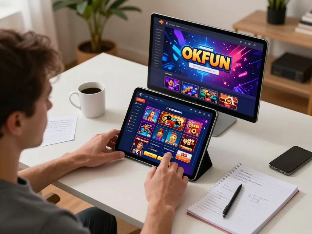 Player engaging in online casino gaming on a tablet, featuring okfunb vibrant graphics and strategies.