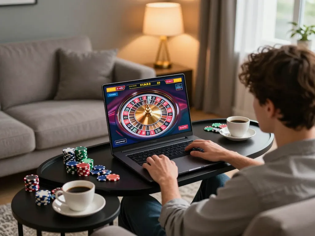 Player engaged in a live dealer game at LU88, highlighting online casino gaming excitement from a cozy home.