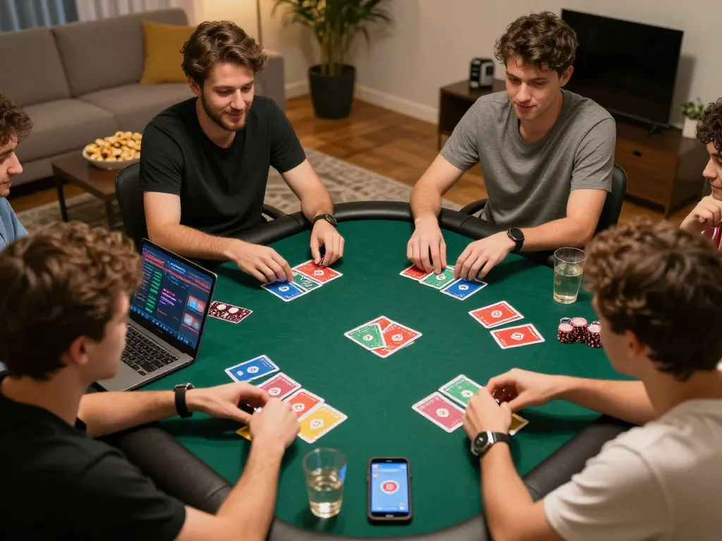 Exciting online poker game on jkp88 with friends enjoying snacks and drinks.