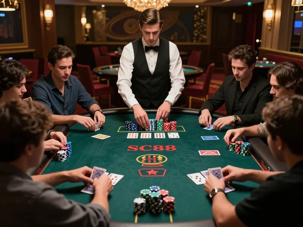 Players engaging in a high-stakes blackjack game at SC88 casino with expert dealer managing action.
