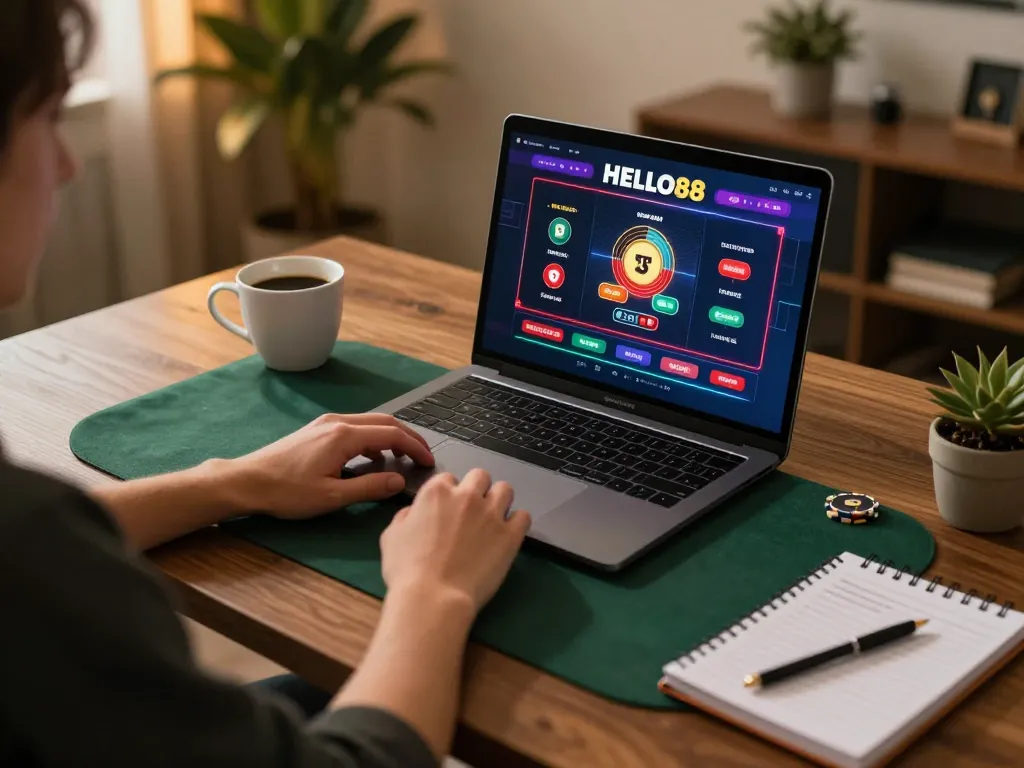 Playing HELLO88 online casino on a laptop with cozy home setup and strategy notes