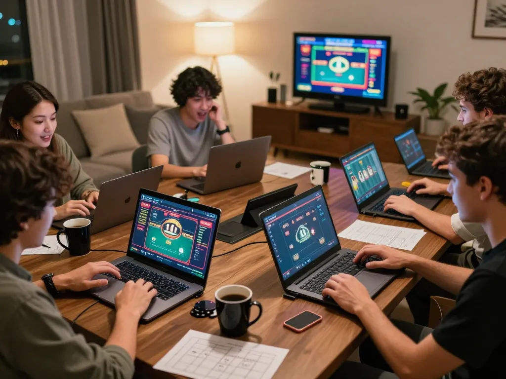 Engaging online gaming scene at home with players enjoying 78wim betting activities on laptops and tablets