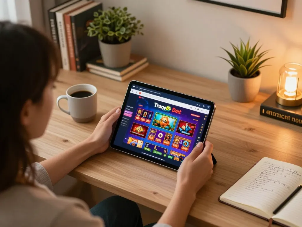 Engaging with Trang chủ Dabet via tablet in a cozy home gaming setup, showcasing responsible gambling.