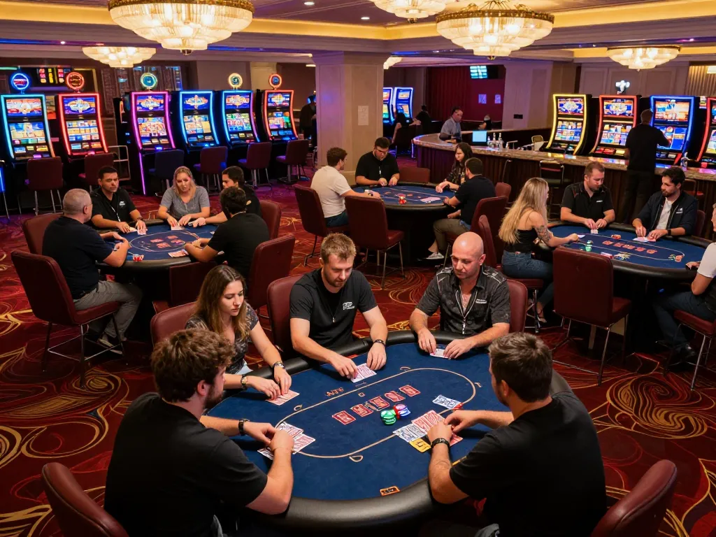 Players compete in an exciting poker tournament on the casino floor at SC88, showcasing strategic gameplay and vibrant atmosphere