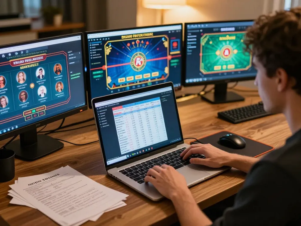 Engaged player on laptop showcasing 33win com live dealer gameplay, vibrant online casino atmosphere.