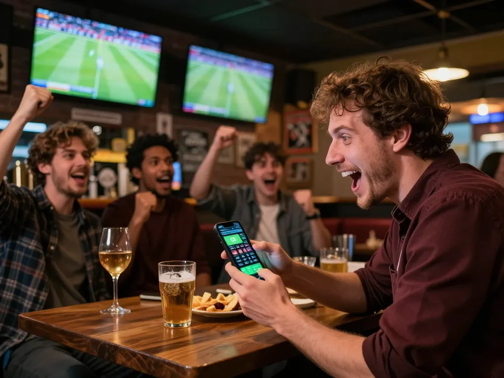 Engaging in trực tiếp bóng đá betting at a lively sports bar with smartphone in hand.