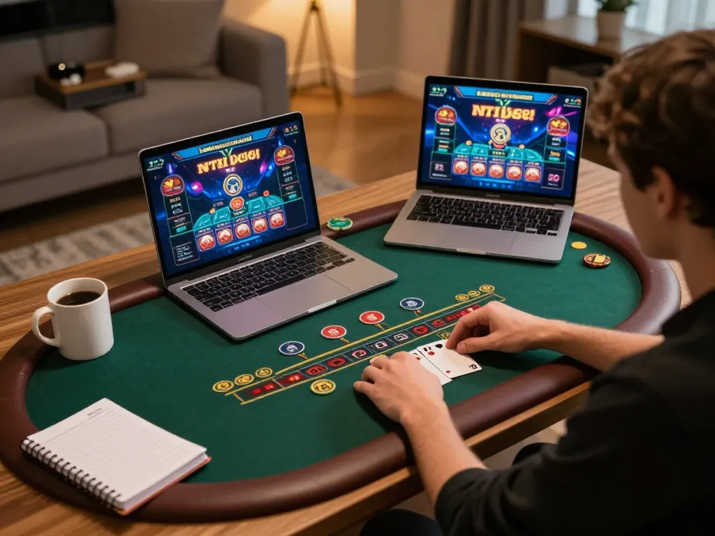 Experience strategic baccarat gameplay online at nk88, featuring a player engaged on a laptop with casino graphics.