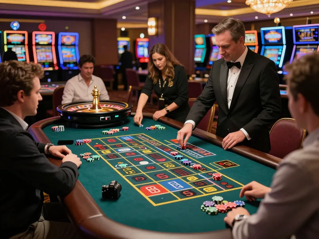 Players at scap casino excitedly placing bets at a roulette table with vibrant chips.