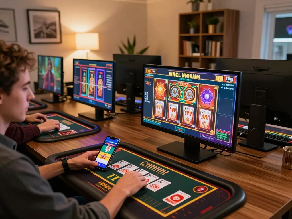 Engaging in strategic gameplay at 78win's online casino on multiple screens.
