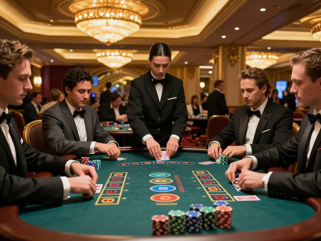 Players strategize their moves at lc88pro's luxurious blackjack table in a vibrant casino atmosphere.