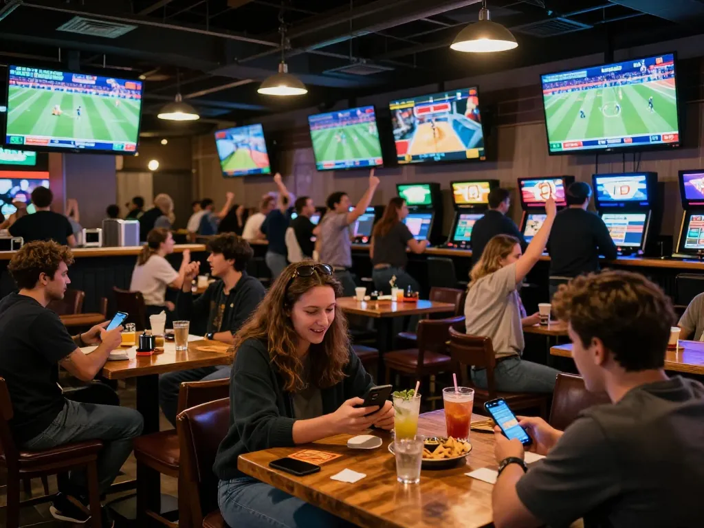 Engaging sports betting scene at OKFUN with enthusiastic patrons enjoying live events.