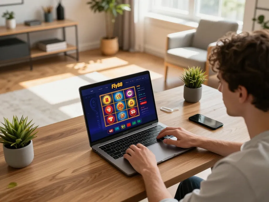 Person engaging in online gaming at fly88 with vibrant app interface on laptop.