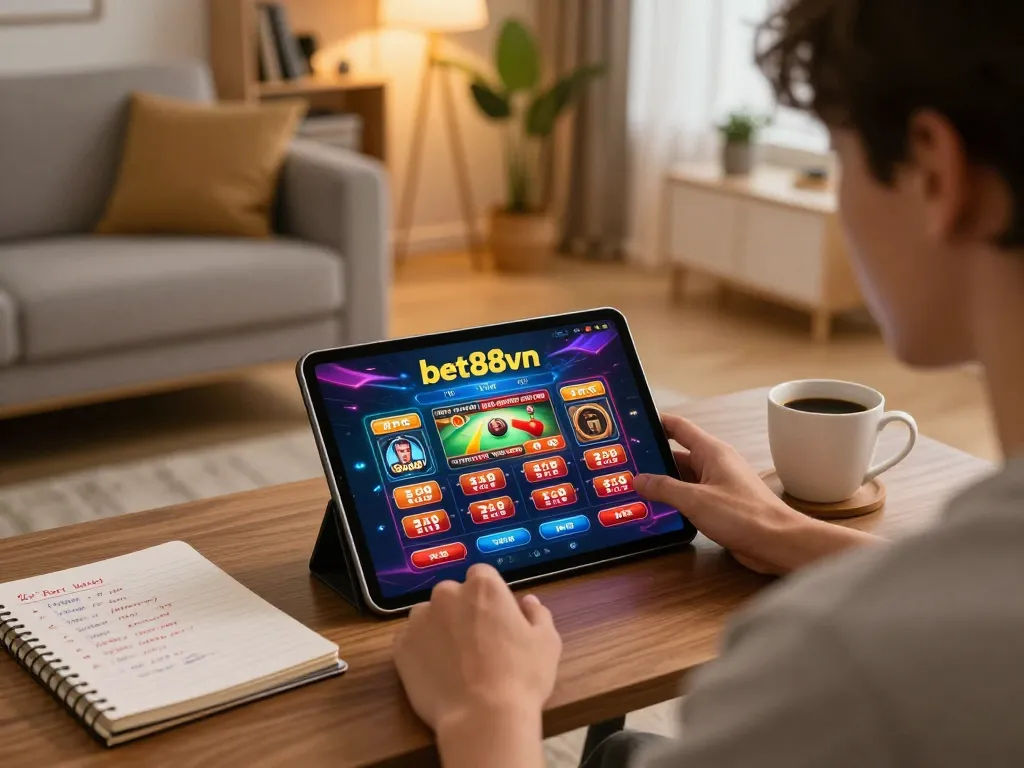 Engaging scene of a player immersed in bet88vn online casino gaming on a tablet, emphasizing responsible entertainment.