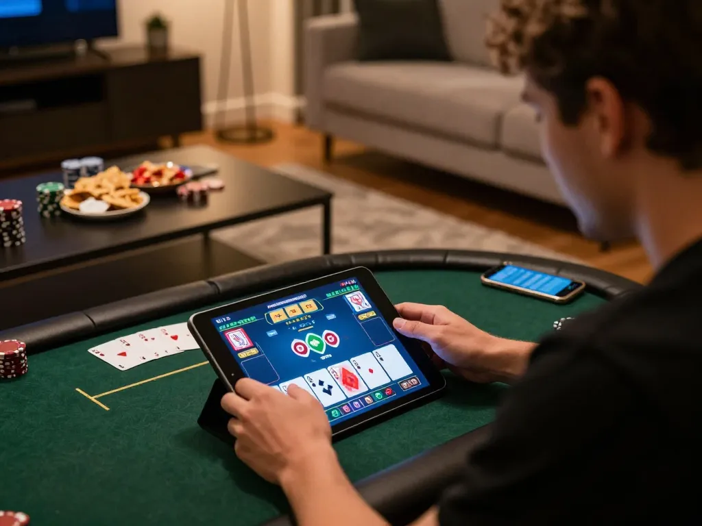 Player engaging in an exciting SAM86 online poker game on a tablet in a cozy living room
