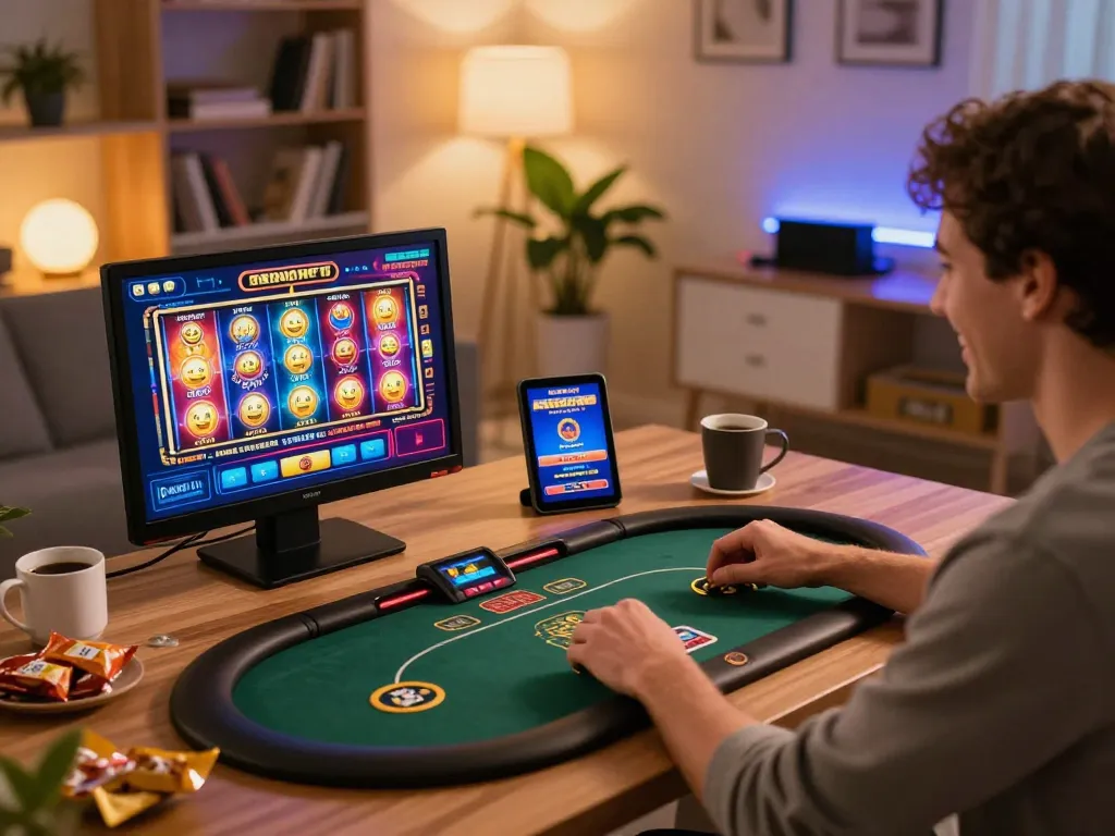 Player enjoying 23Win mobile casino with vibrant slots, showcasing responsible gaming in a cozy home.