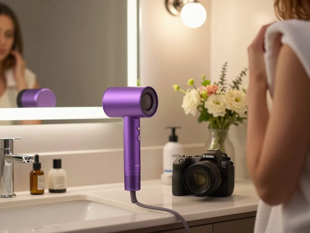 Laifen hair dryer on a stylish bathroom countertop during a beauty routine