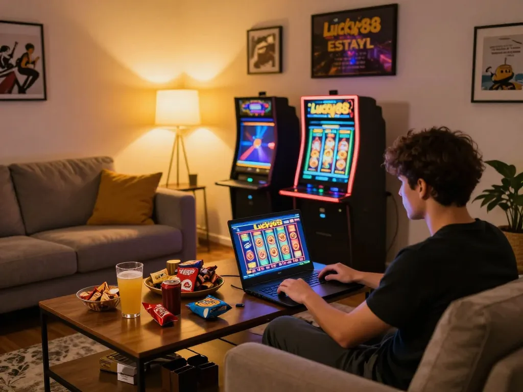 Player enjoys Lucky88 slots on a laptop in a cozy home setup with snacks.