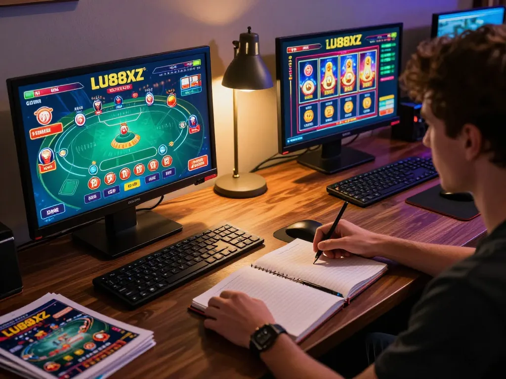 Player strategizing their bets on LU88XZ's online casino platform with an inviting gaming setup.
