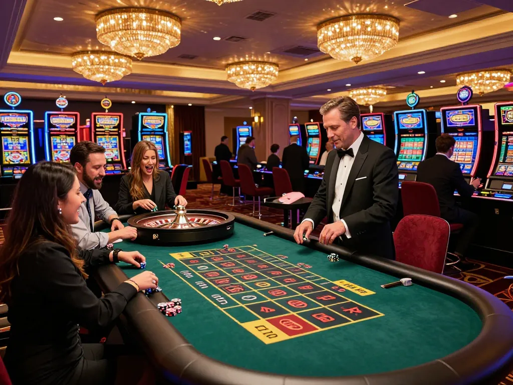 Players enjoying games at nhà cái hz88 casino floor with vibrant roulette wheel, dynamic atmosphere, and glamorous decor.