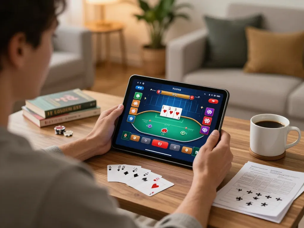 Engaging in a co88 online poker game from home with strategy notes and tablet interface visible
