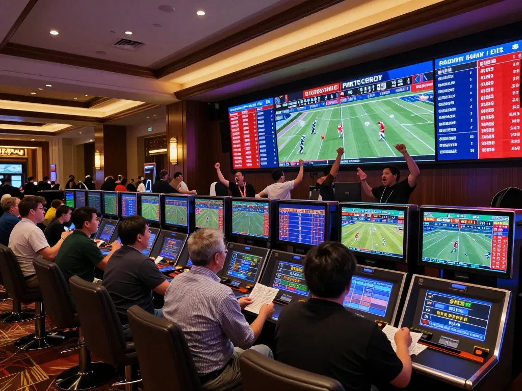 Tỷ lệ cá cược bóng đá displayed across multiple screens in an exciting sports betting environment.