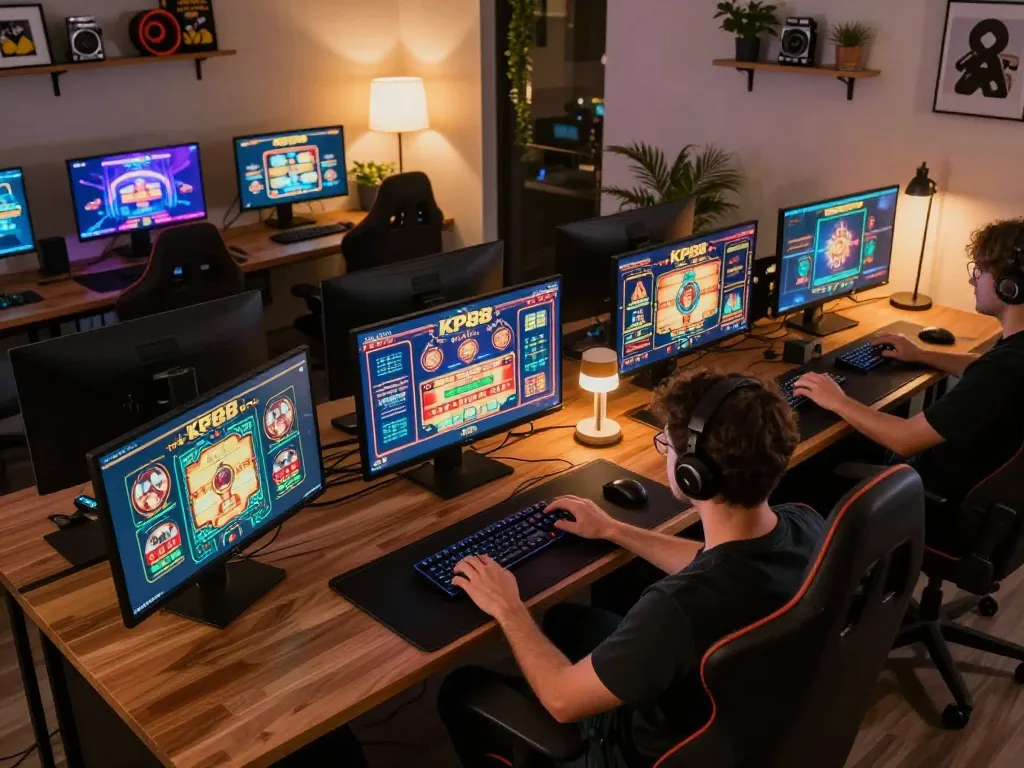 Engaging player navigating KP88 online casino games on multiple screens, highlighting strategic gameplay