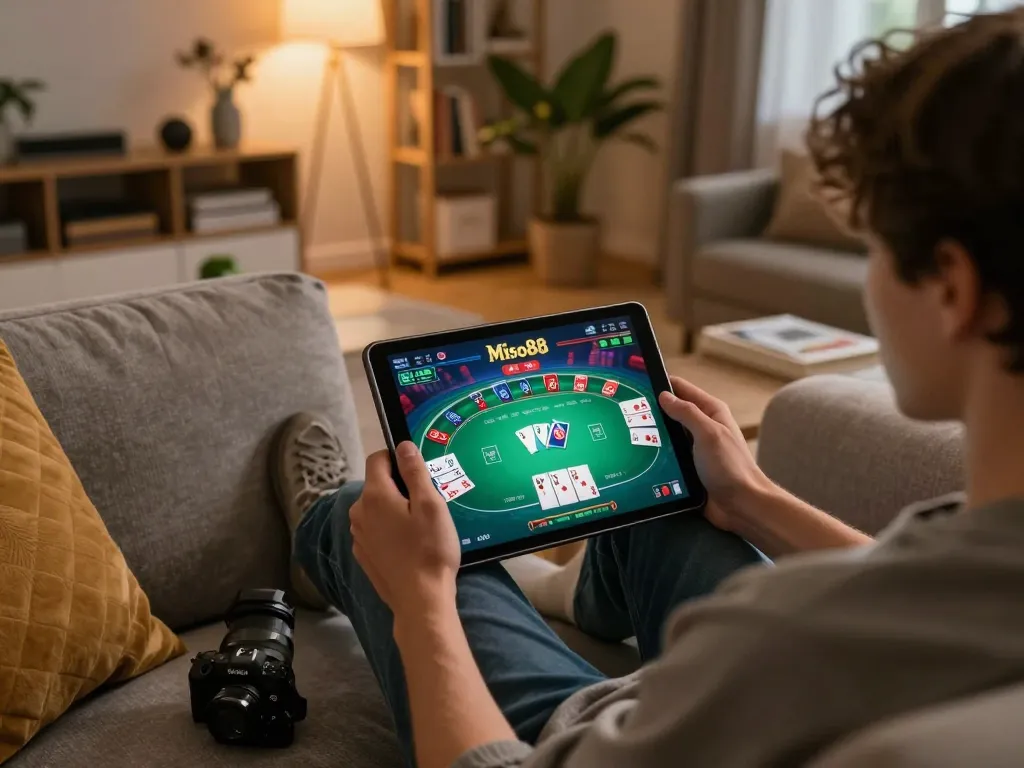 Miso88 player enjoying an online poker game at home with a tablet, showcasing comfortable gaming.