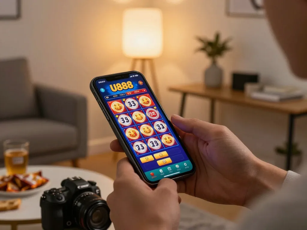 Engage with U888's exciting mobile slot game interface while enjoying a cozy home gaming experience.