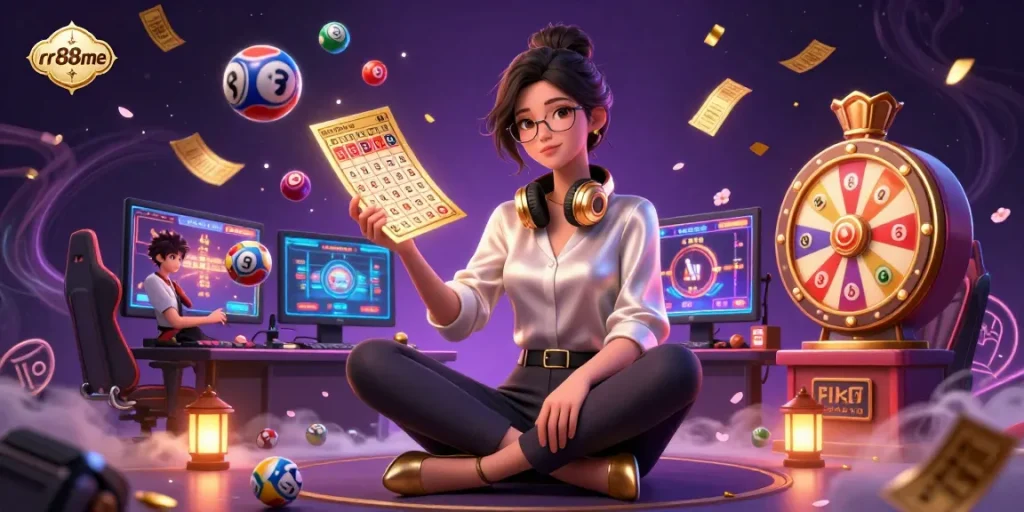 Experience thrilling gaming at rr88me with colorful lottery elements and an elegant gamer setup.