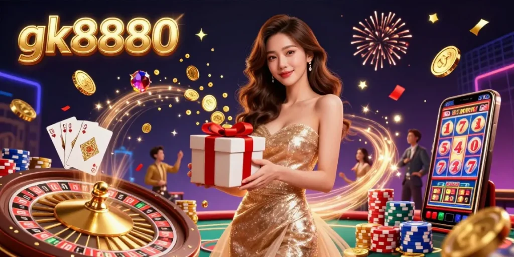 Engage in the thrilling atmosphere of gk8880 with stunning casino-themed illustration featuring vibrant golden coins and celebration.