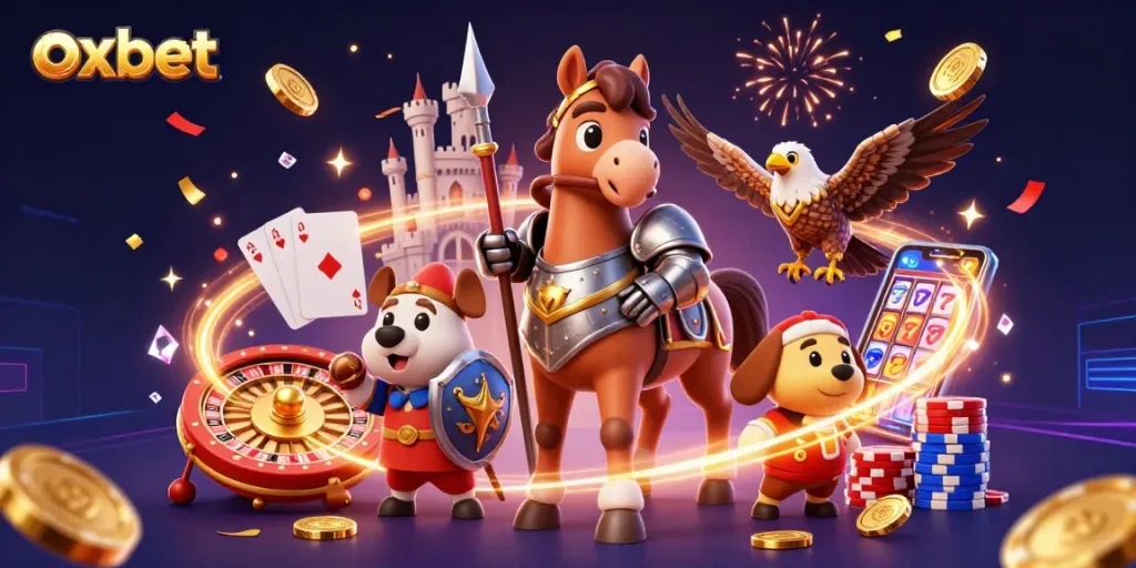 Experience the thrill of oxbet casino with vibrant symbols, dynamic gaming elements, and celebratory energy.