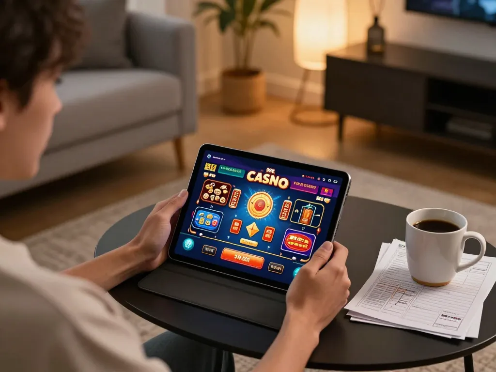 Player engaging with the 99ok online casino app on a tablet in a stylish home setting.