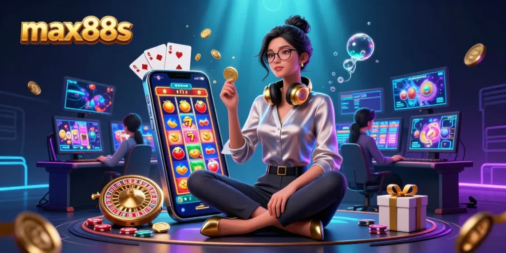 Engage in thrilling gameplay with max88s where elegant Asian woman enjoys dynamic casino gaming experience.