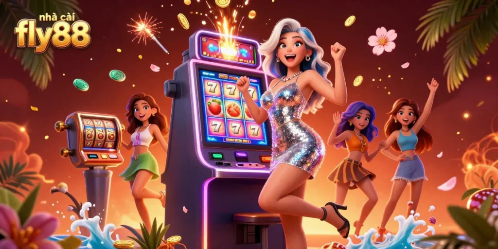 Experience thrills at nhà cái fly88 with a dynamic slot machine celebration and vibrant casino elements.