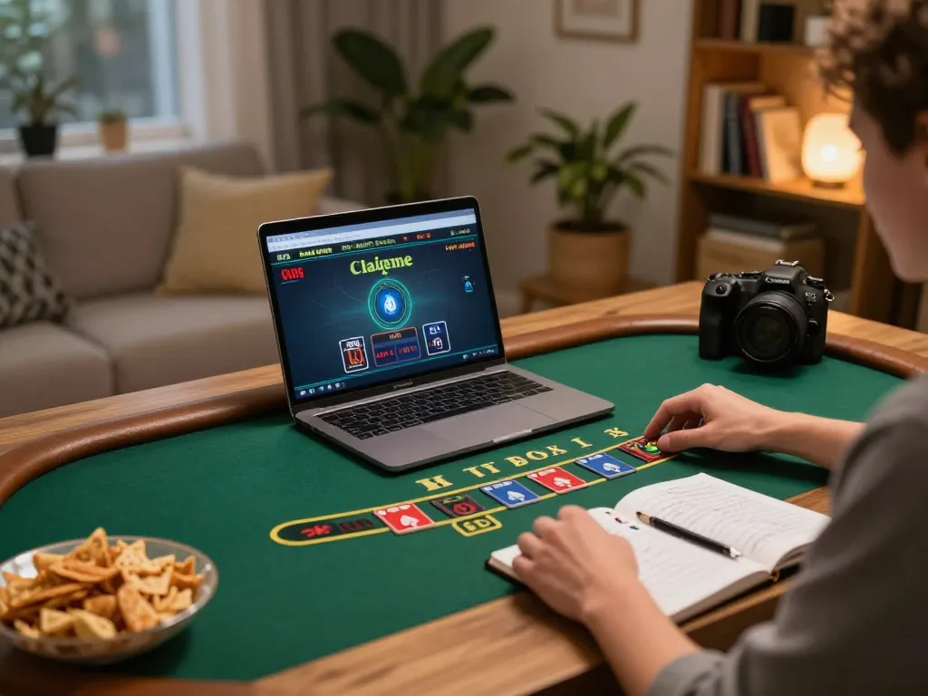 VA88 player analyzing strategies while enjoying live blackjack in a cozy home office.