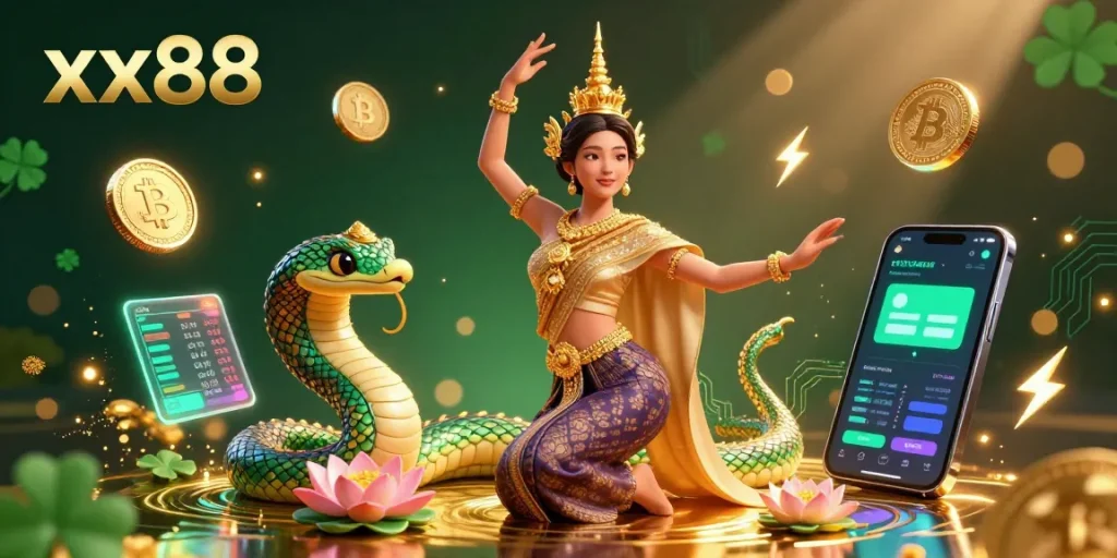 Experience the excitement of xx88 with a captivating 3D illustration featuring a Thai dancer and Naga serpent.