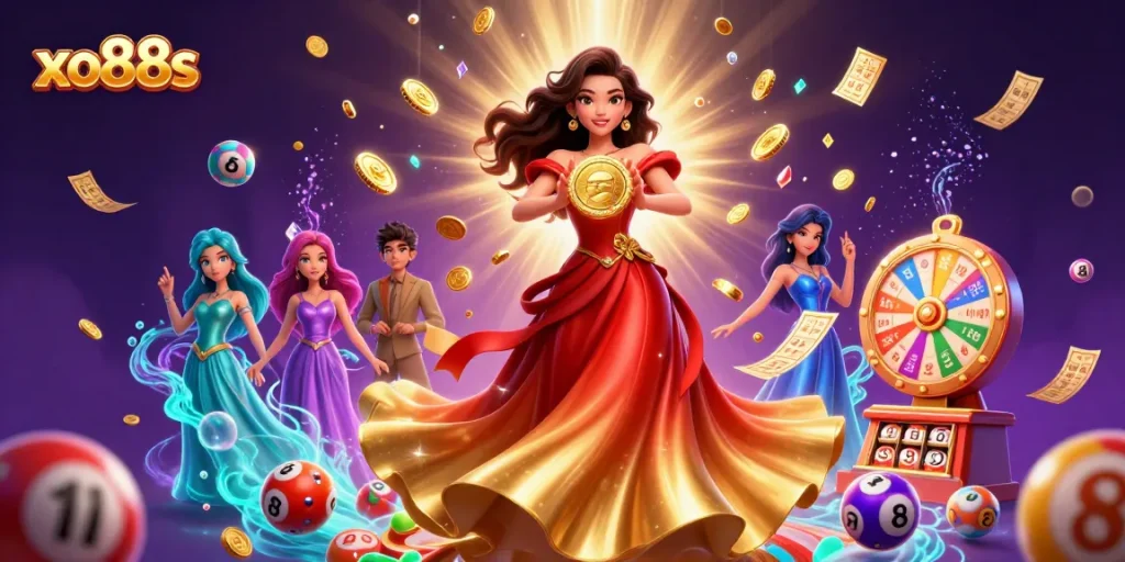 Experience thrilling plays and rewards at xo88s, featuring stunning visuals of lottery balls and golden coins.