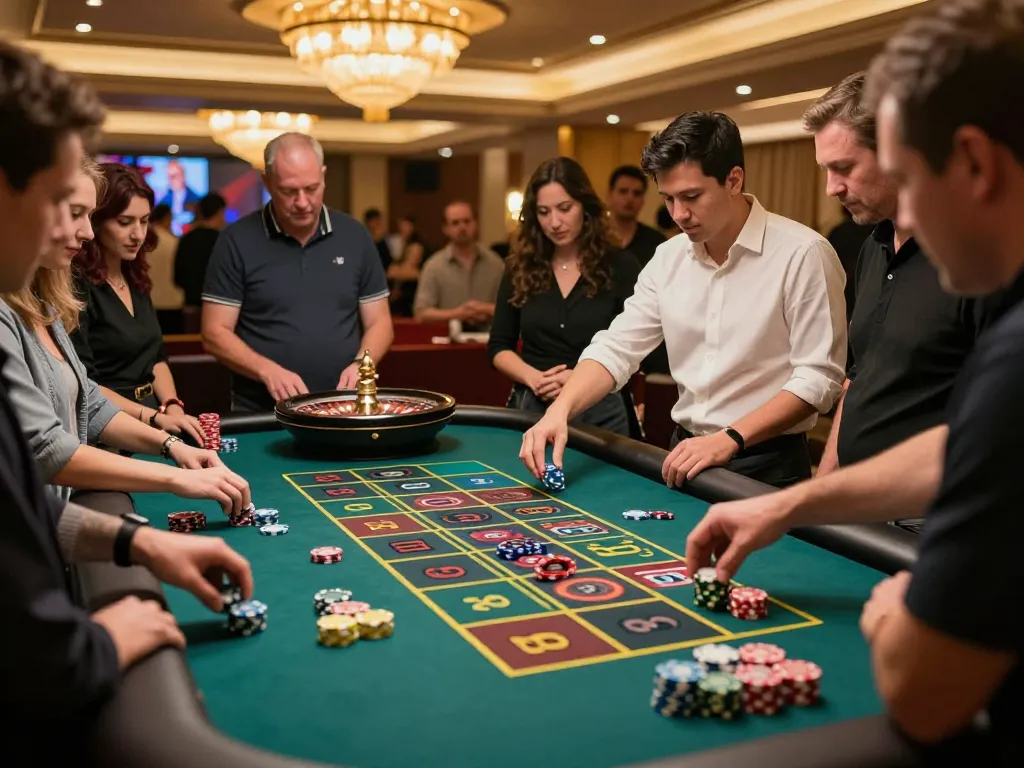 Players placing bets at MMOO's roulette table, showcasing excitement and luxurious atmosphere.