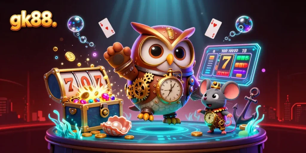 Spin the reels with gk88 featuring a time-traveler owl in a vibrant casino landscape.