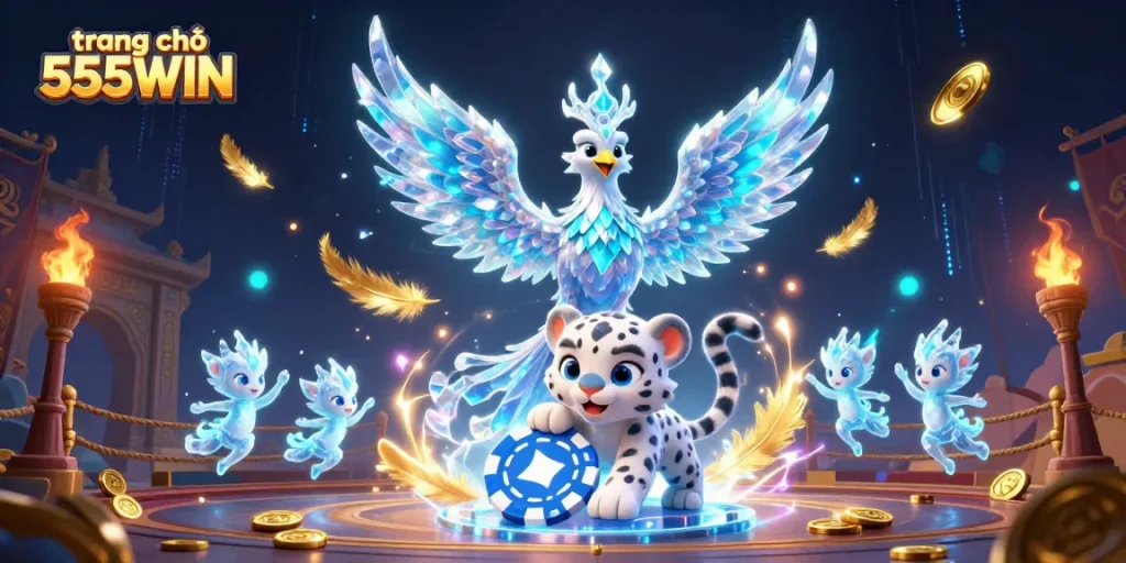 Engage with the vibrant ambiance of trang chủ 555WIN through an artistic depiction of an ice phoenix, playful snow leopard cub, and glowing ice sprites.