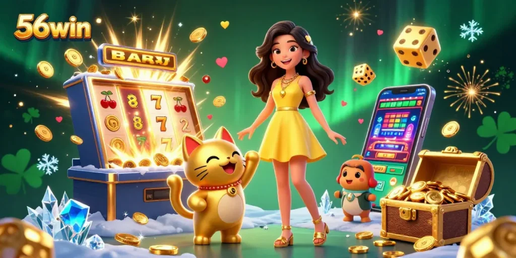 Engage in thrilling gaming experiences with 56win, showcasing the excitement of slot machines and jackpots.