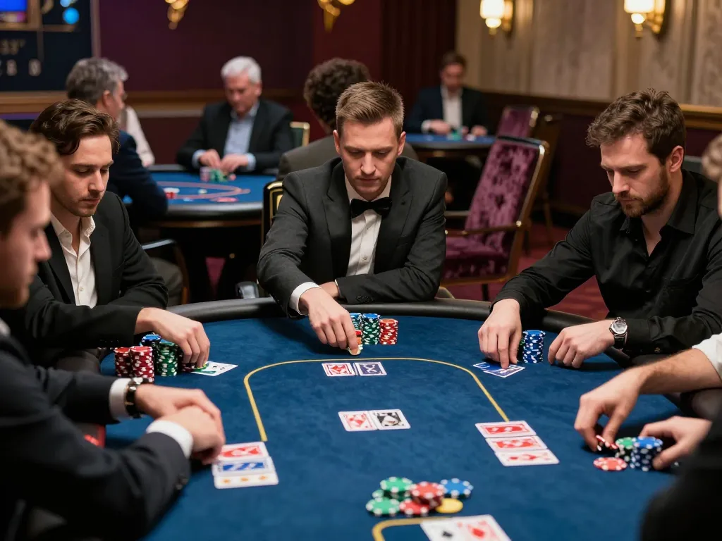 BOM88 players strategizing in a high-stakes poker game at an upscale casino