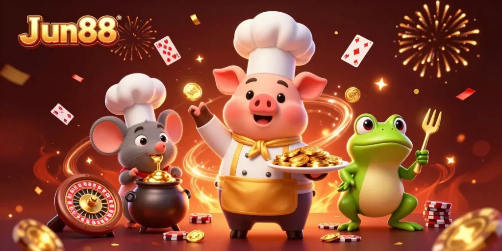 Winning strategies with JJun88 as a 3D chef pig serves gold coins amidst casino excitement.